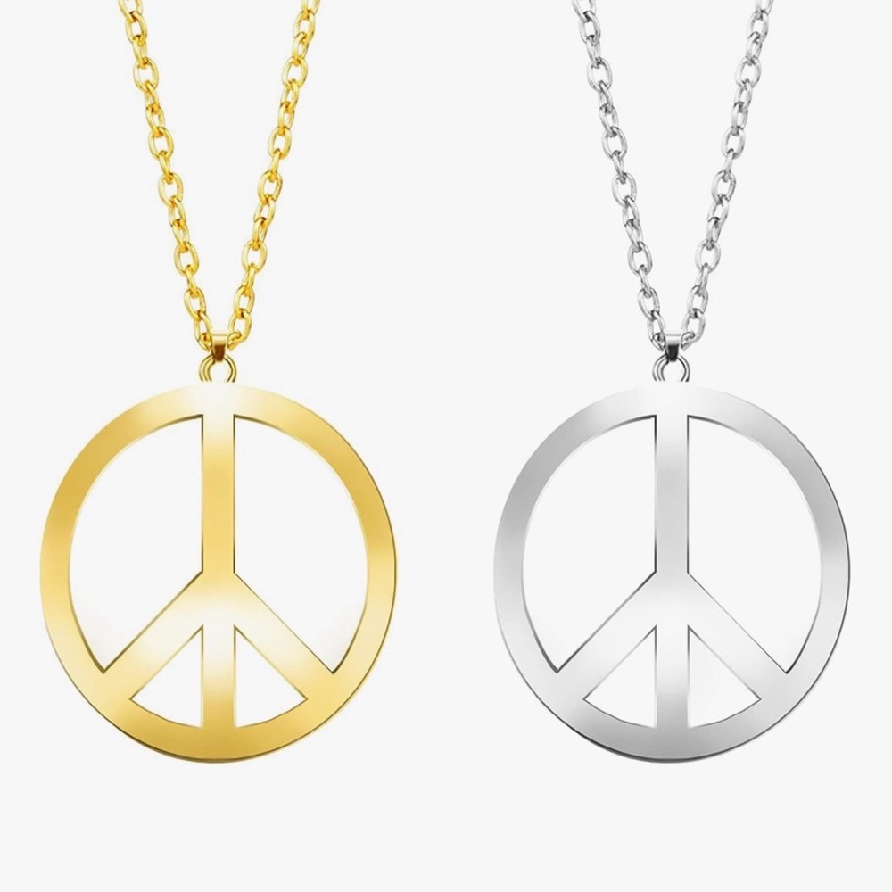 Gold and Silver Peace Sign Pendant Necklaces Hippie Costume Jewelry